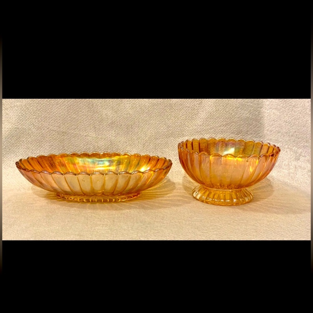 Vintage Marigold Iridescent Carnival Glass Set Of 2 Scalloped Ribbed Dishes